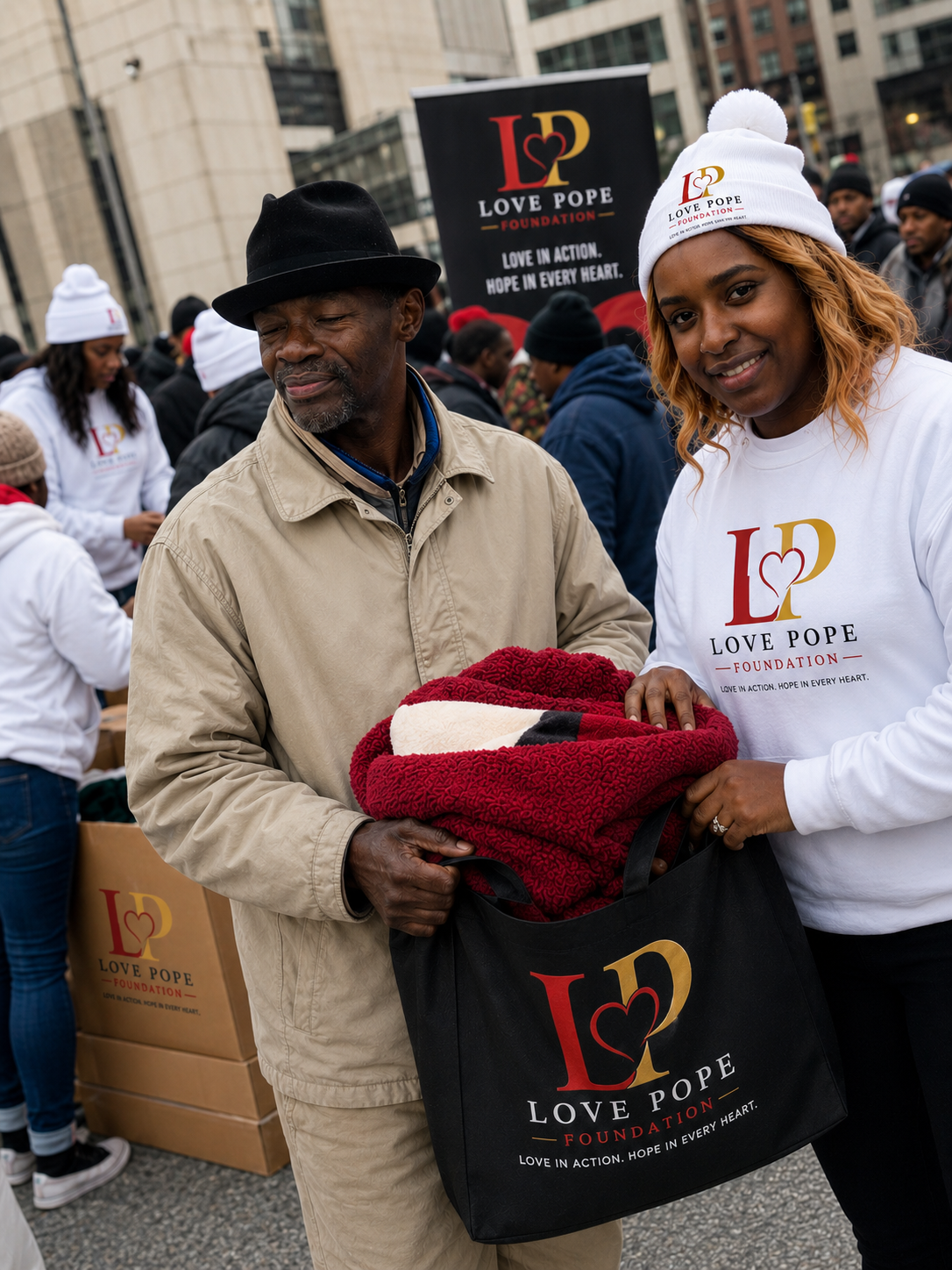 Love Pope Foundation volunteer providing a blanket and care tote during community outreach