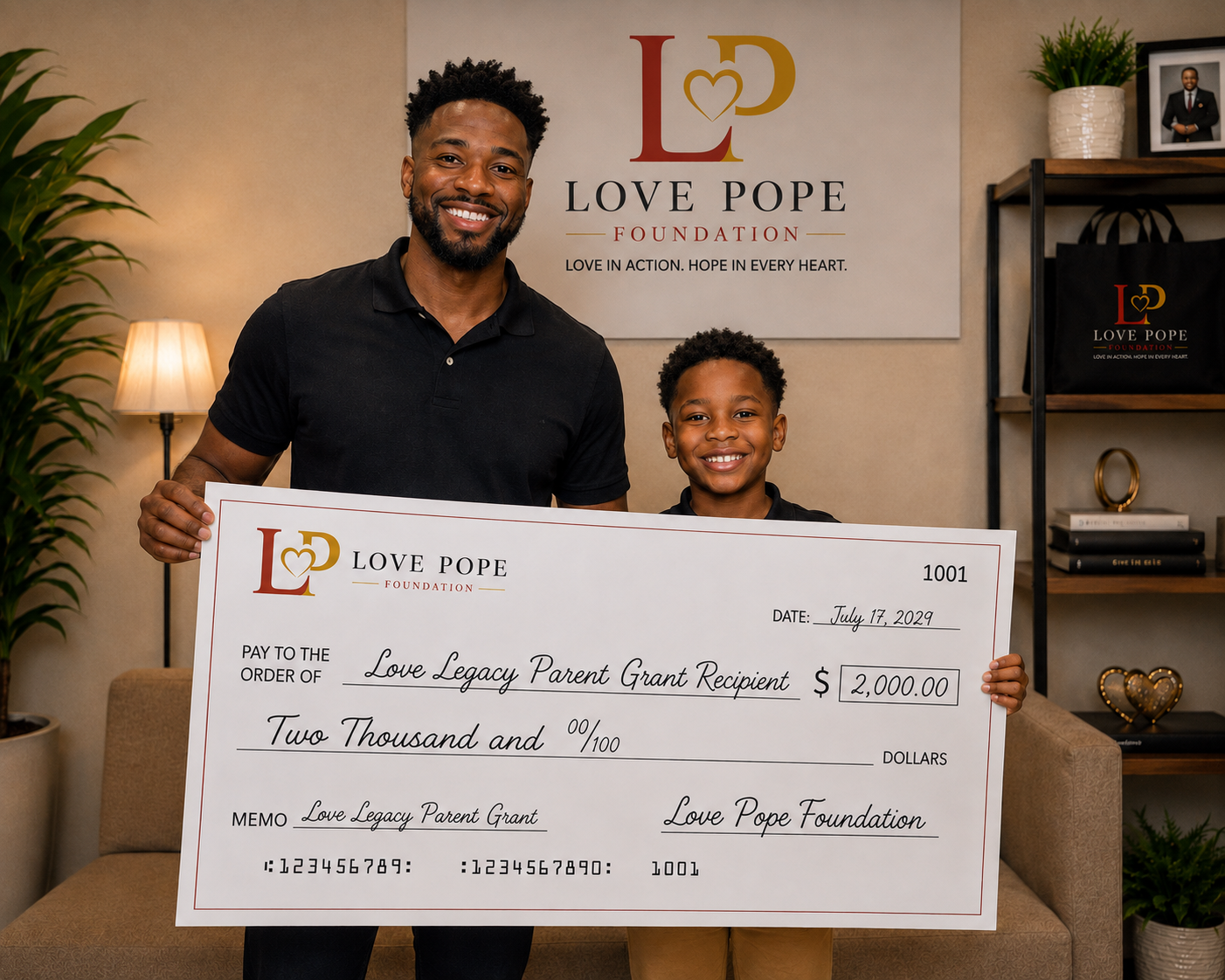 Father and son holding a $2,000 Love Legacy Parent Grant check from Love Pope Foundation dated July 17, 2029.