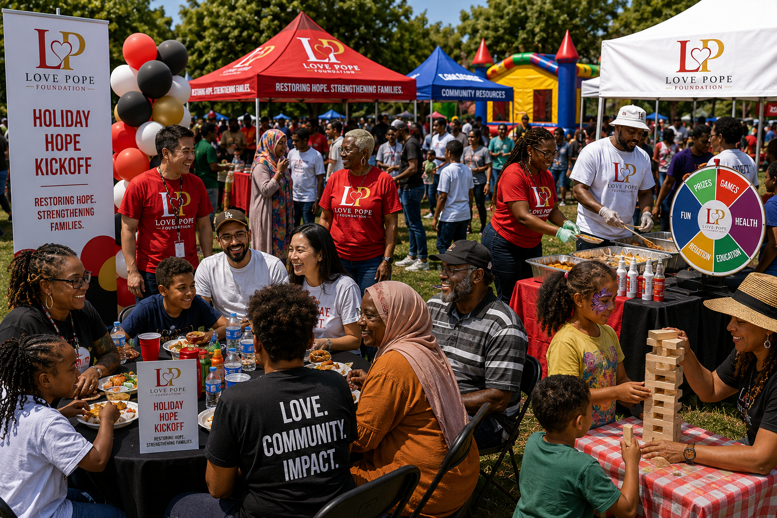 Love Community Day festival with Love Pope Foundation tents, families, and community resources