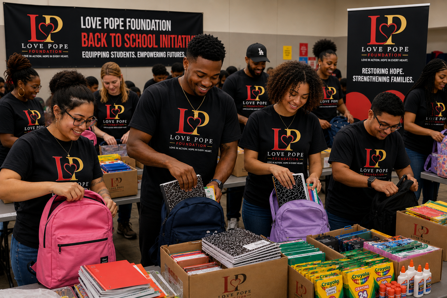 Love Pope Foundation volunteers packing backpacks for the Back-to-School Initiative