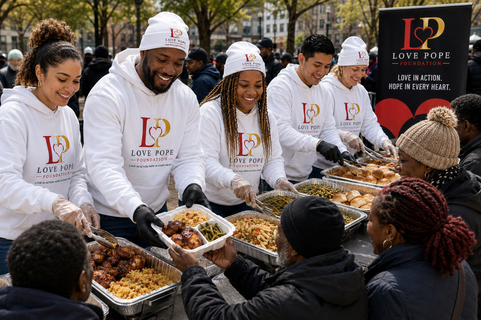 Love Pope Foundation volunteers serving meals during community outreach