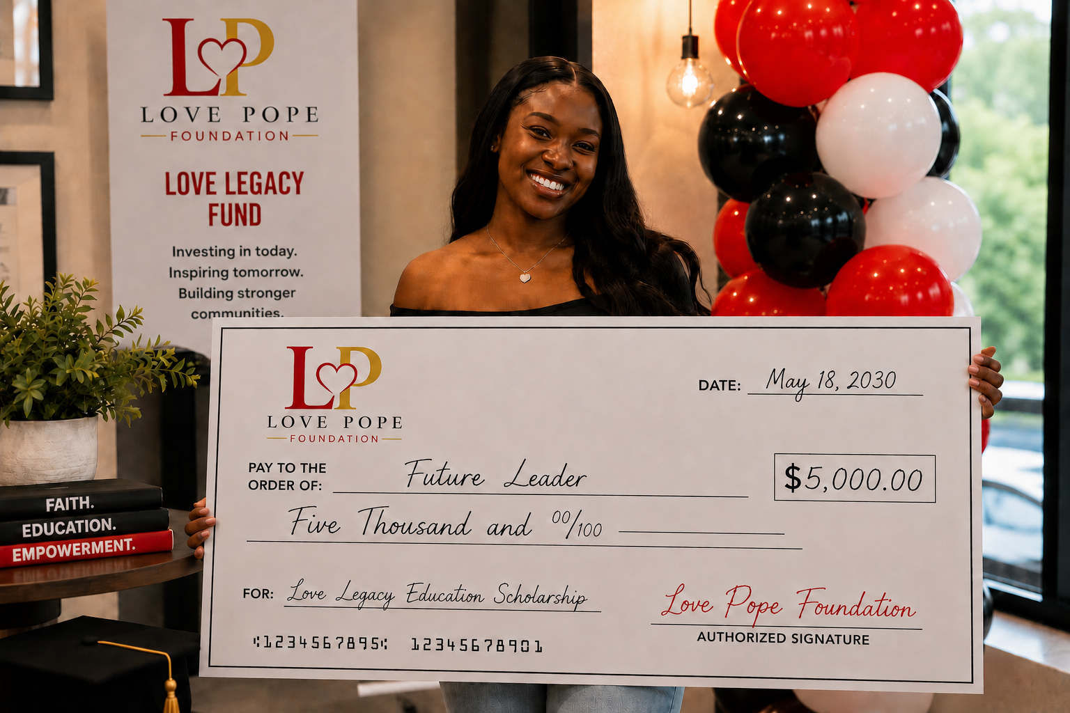 Woman holding a $5,000 Love Legacy Education Scholarship check from Love Pope Foundation dated May 18, 2030.