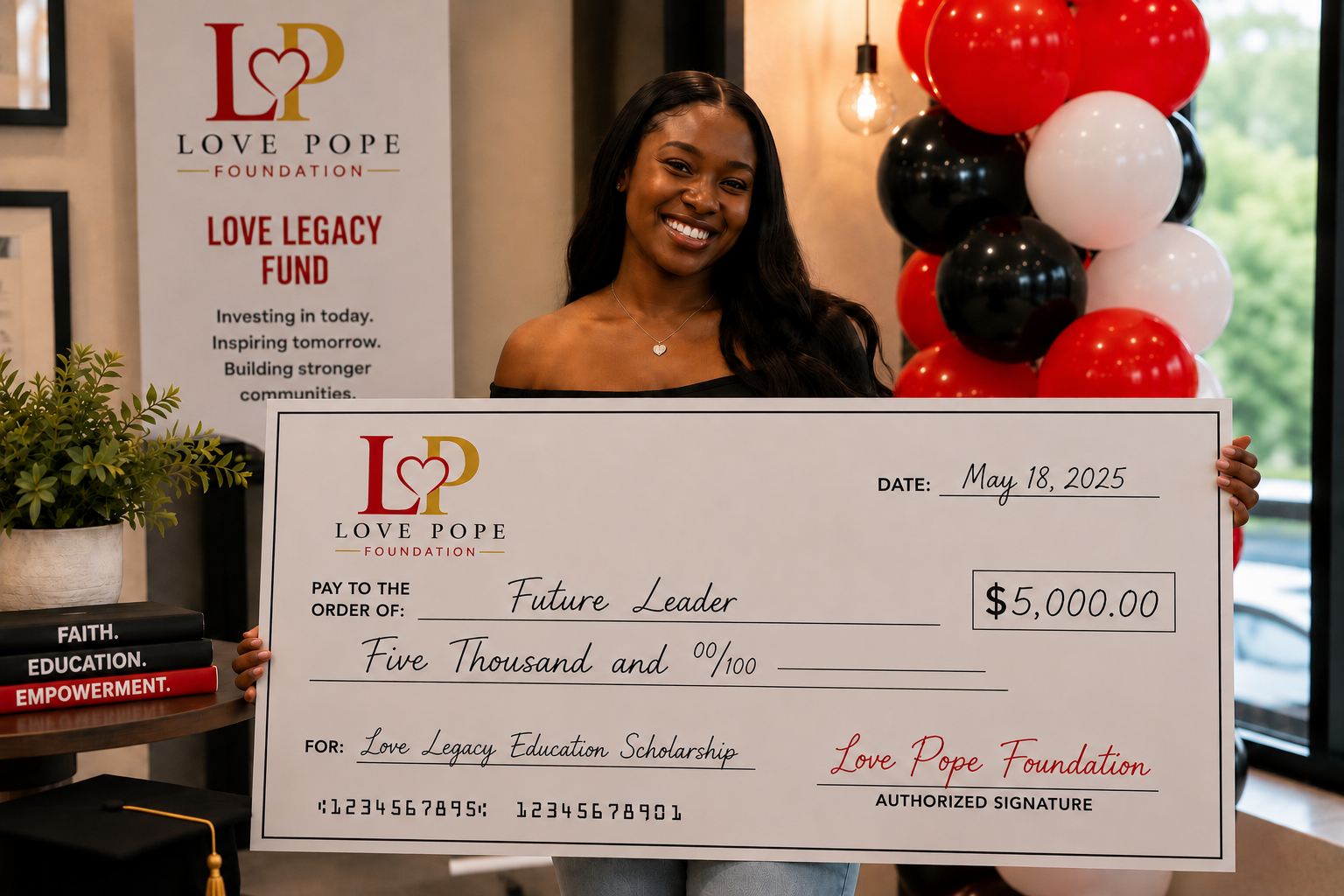 Conceptual vision of a future Love Legacy Education Scholarship recipient holding a scholarship check