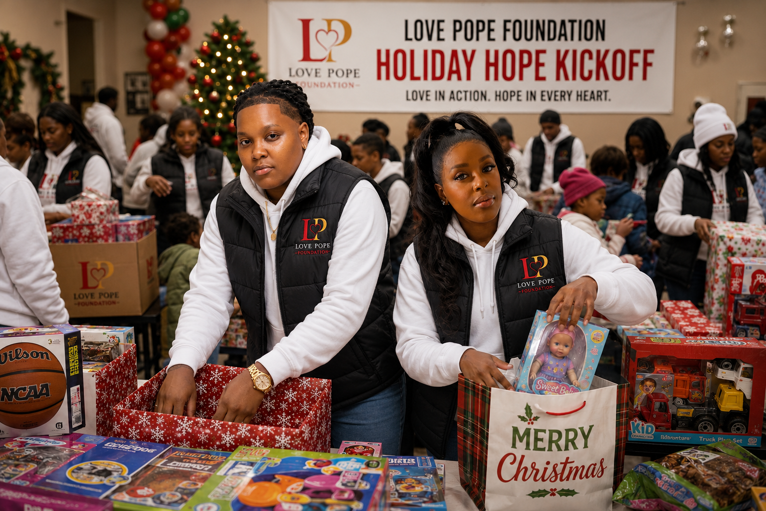 Love Pope Foundation team preparing gifts for the Holiday Hope Kickoff